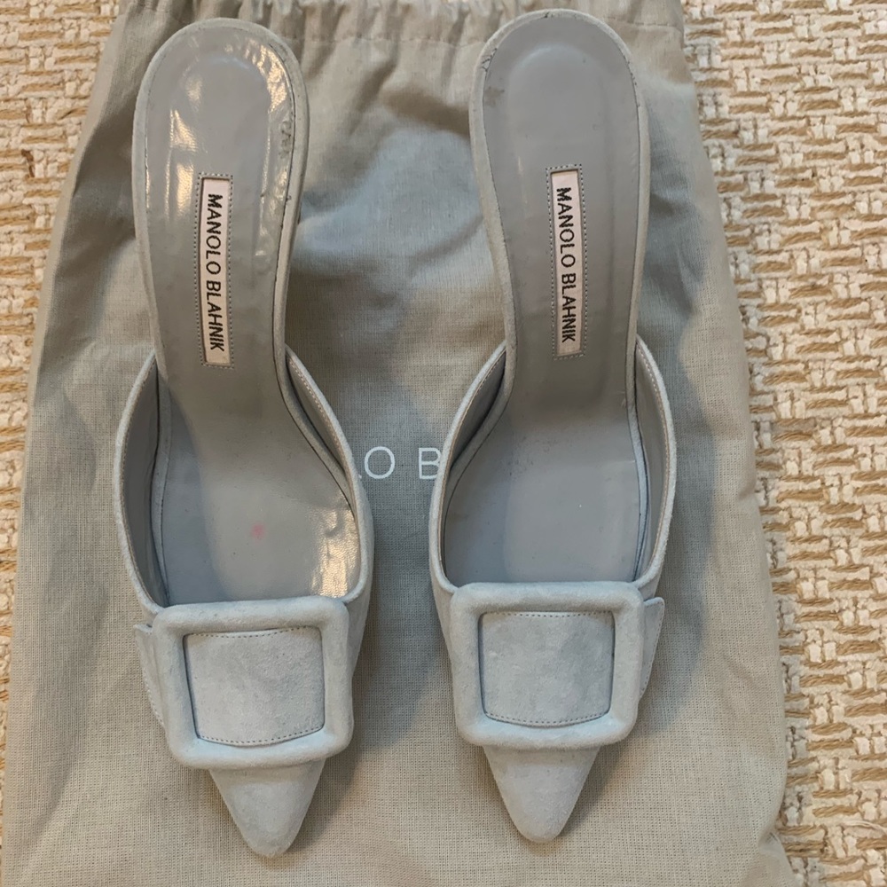 Manolo Blahnik Maysale 70 blue suede mules - size 38.5
